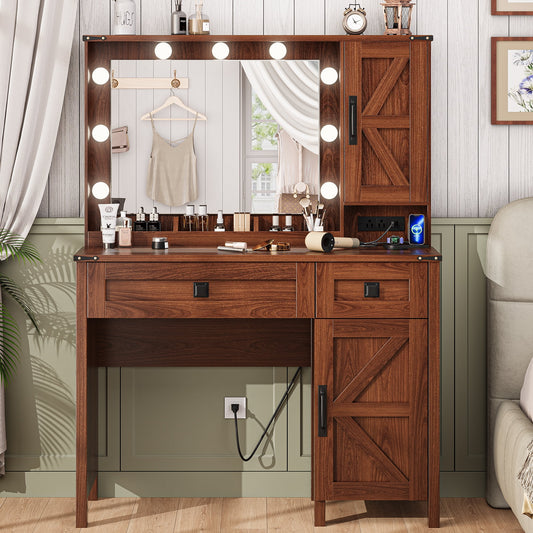 LainTene Farmhouse Makeup Vanity Desk with Mirror and Lights, Modern Glass Tabletop Vanity Table with Storage Shelves & Drawers for Bedroom, Brown