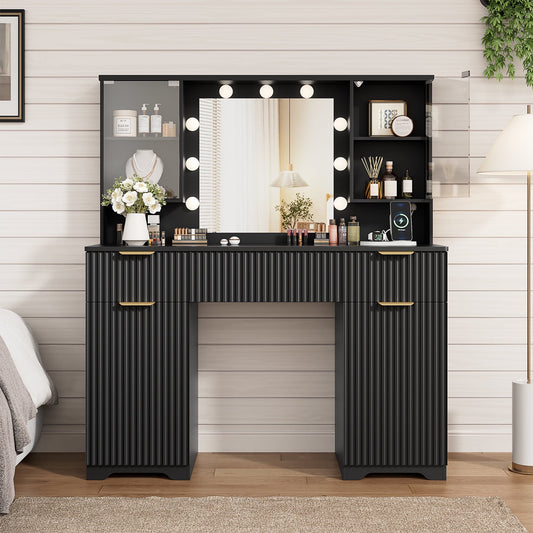 LainTene Makeup Vanity Table with Lights and Mirror, Vanity Desk with 3 Drawers & 2 Large Storage Cabinets and Charging Station for Bedroom