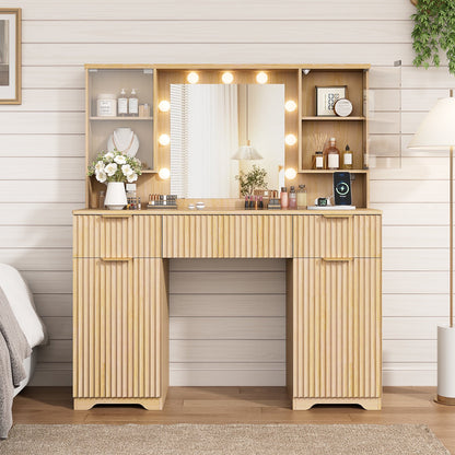 LainTene Makeup Vanity Table with Lights and Mirror, Vanity Desk with 3 Drawers & 2 Large Storage Cabinets and Charging Station for Bedroom