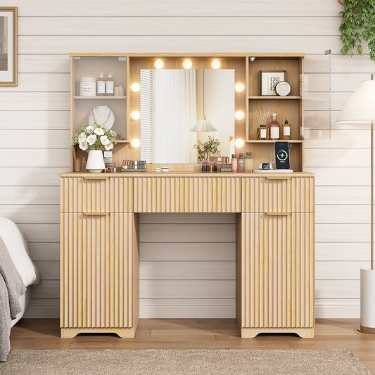 LainTene Makeup Vanity Table with Lights and Mirror, Vanity Desk with 3 Drawers & 2 Large Storage Cabinets and Charging Station for Bedroom