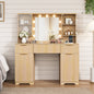 LainTene Makeup Vanity Table with Lights and Mirror, Vanity Desk with 3 Drawers & 2 Large Storage Cabinets and Charging Station for Bedroom
