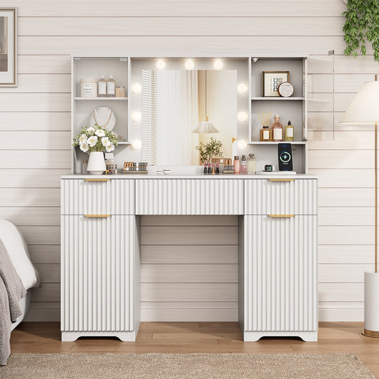 LainTene Makeup Vanity Table with Lights and Mirror, Vanity Desk with 3 Drawers & 2 Large Storage Cabinets and Charging Station for Bedroom
