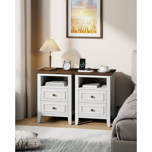 LainTene Nightstand Set of 2 with Charging Station, Farmhouse Bedside Table with 2 Drawers, USB & AC Outlets for Bedroom & Living Room，Oak White Finish