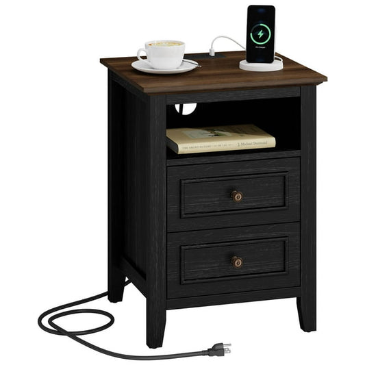 LainTene Nightstand with Charging Station, Farmhouse Bedside Table with 2 Drawers, USB & AC Outlets for Bedroom & Living Room, Oak Black Finish