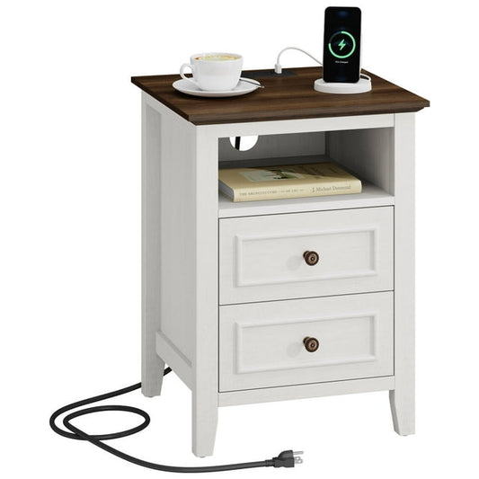 LainTene Nightstand with Charging Station, Farmhouse Bedside Table with 2 Drawers, USB & AC Outlets for Bedroom & Living Room, Oak White Finish