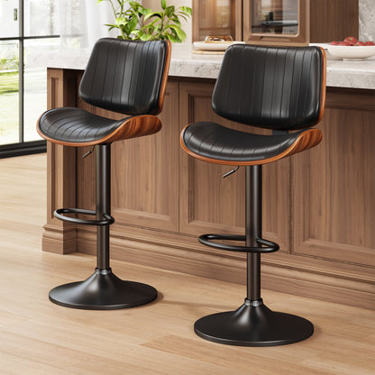 LainTene Set of 2 Swivel Bar Stools with Bentwood Back, Adjustable PU Leather Bar Chairs for Kitchen Island, Counter or Dining Room, Black