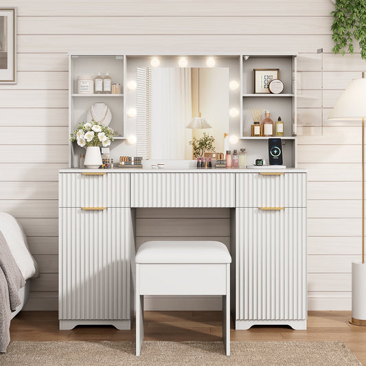 LainTene Vanity Set with Stool, Makeup Vanity Table with Lights and Mirror, Vanity Desk with 3 Drawers & 2 Large Storage Cabinets and Charging Station for Bedroom