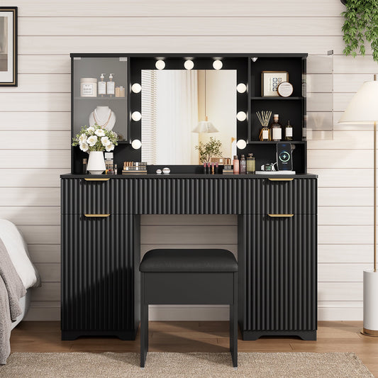 LainTene Vanity Set with Stool, Makeup Vanity Table with Lights and Mirror, Vanity Desk with 3 Drawers & 2 Large Storage Cabinets and Charging Station for Bedroom