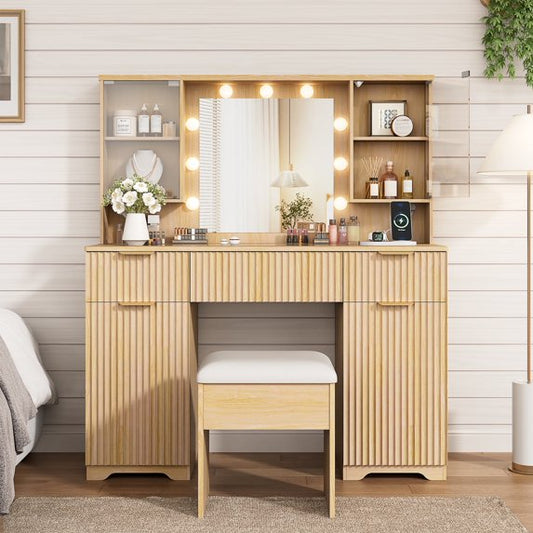 LainTene Vanity Set with Stool, Makeup Vanity Table with Lights and Mirror, Vanity Desk with 3 Drawers & 2 Large Storage Cabinets and Charging Station for Bedroom