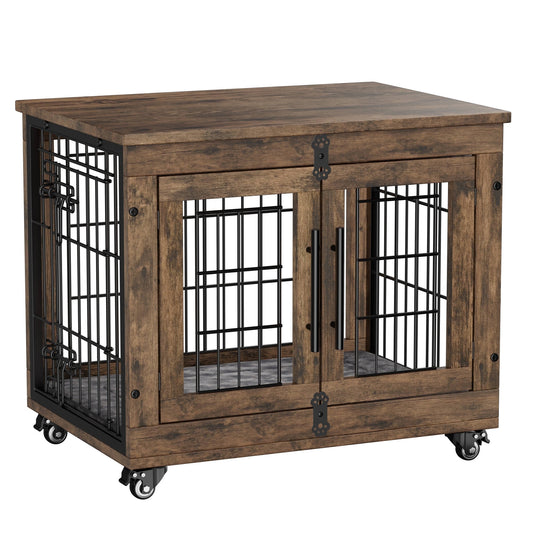LainTene Wooden Dog Crate Furniture, Double Doors Dog Kennels for Inside with Pads and Wheels, Heavy Duty Dog Cage for Small Dogs, Brown