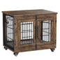 LainTene Wooden Dog Crate Furniture, Double Doors Dog Kennels for Inside with Pads and Wheels, Heavy Duty Dog Cage for Small Dogs, Brown