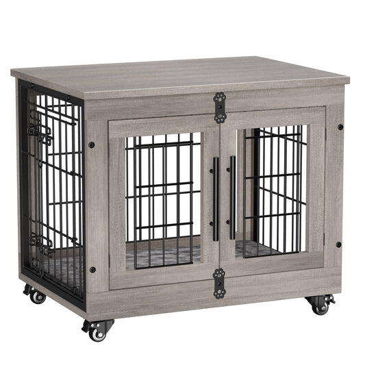 LainTene Wooden Dog Crate Furniture, Double Doors Dog Kennels for Inside with Pads and Wheels, Heavy Duty Dog Cage for Small Dogs, Gray