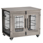 LainTene Wooden Dog Crate Furniture, Double Doors Dog Kennels for Inside with Pads and Wheels, Heavy Duty Dog Cage for Small Dogs, Gray
