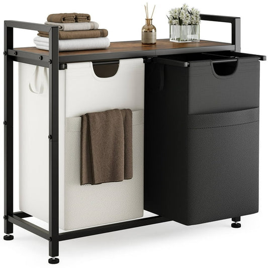 Laintene 112L Laundry Hamper with Removable Bags - 2-Section Freestanding Clothes Sorter, Top Shelf & Side Pockets for Dorm, Bedroom, Bathroom Organization