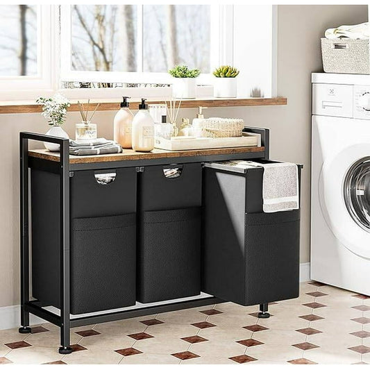 Laintene 142L Laundry Hamper with Removable Bags - 3-Section Freestanding Clothes Sorter, Top Shelf & Side Pockets for Dorm, Bedroom, Bathroom Organization