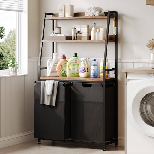 Laintene 2-Section Laundry Hamper – 170L Freestanding Laundry Sorter with 3 Shelves, 4 Hooks & Removable Washable Bags – Space-Saving Laundry Organizer for Bathroom, Dorm, or Bedroom