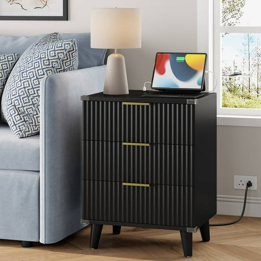 Laintene 3-Drawer Dresser for Bedroom, Nightstand with Charging Station - Modern Fluted with Solid Wood Legs, 2 AC Outlets & 2 USB Ports, Small End Table with Storage, Black