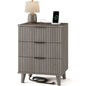 Laintene 3-Drawer Dresser for Bedroom, Nightstand with Charging Station - Modern Fluted with Solid Wood Legs, 2 AC Outlets & 2 USB Ports, Small End Table with Storage, Dark Grey Oak