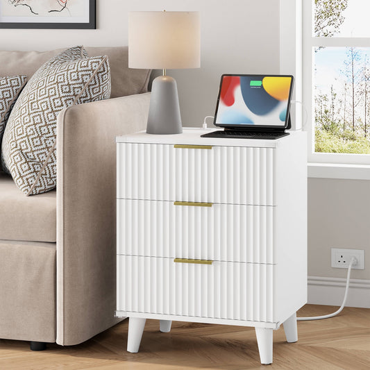 Laintene 3-Drawer Dresser for Bedroom, Nightstand with Charging Station - Modern Fluted with Solid Wood Legs, 2 AC Outlets & 2 USB Ports, Small End Table with Storage, White