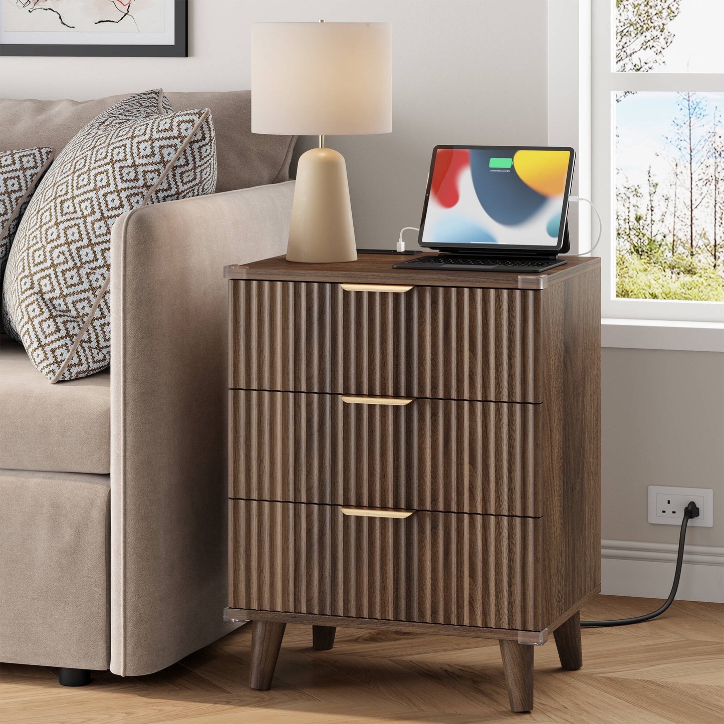 Laintene 3-Drawer Dresser for Bedroom, Nightstand with Charging Station - Modern Fluted with Solid Wood Legs, 2 AC Outlets & 2 USB Ports, Small End Table with Storage, Walnut