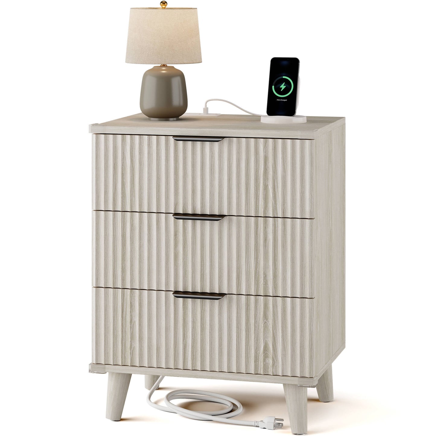 Laintene 3-Drawer Dresser for Bedroom, Nightstand with Charging Station - Modern Fluted with Solid Wood Legs, 2 AC Outlets & 2 USB Ports, Small End Table with Storage, White Oak