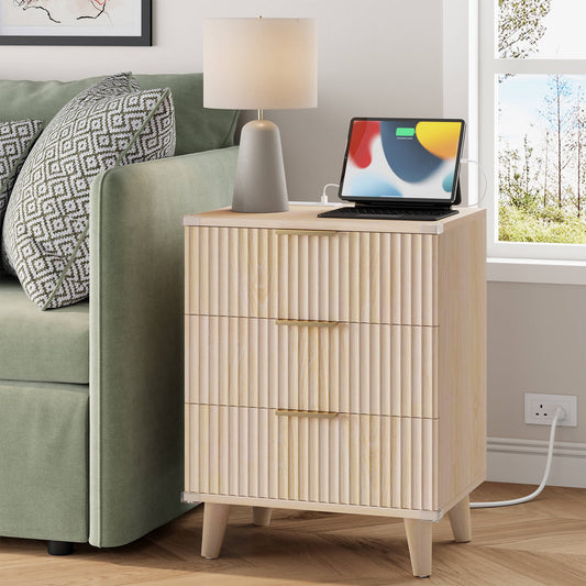 Laintene 3-Drawer Dresser for Bedroom, Nightstand with Charging Station - Modern Fluted with Solid Wood Legs, 2 AC Outlets & 2 USB Ports, Small End Table with Storage, Natural