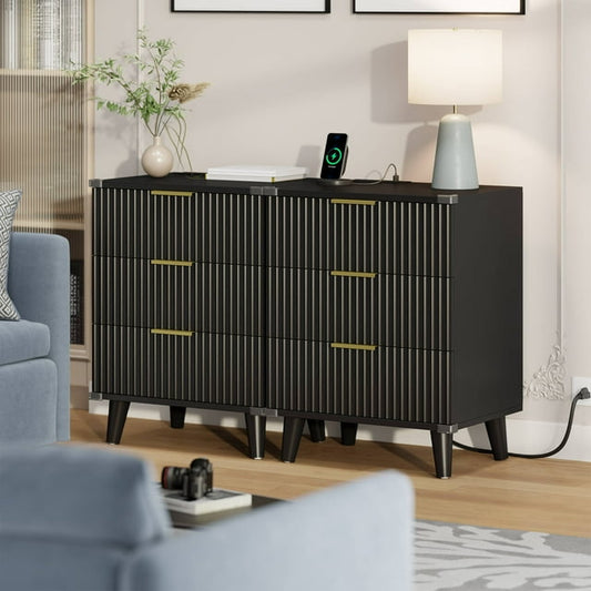 Laintene 3-Drawer Dresser Set of 2, Nightstand with Charging Station - Modern Fluted with Solid Wood Legs, 2 AC Outlets & 2 USB Ports, Small End Table with Storage, Black