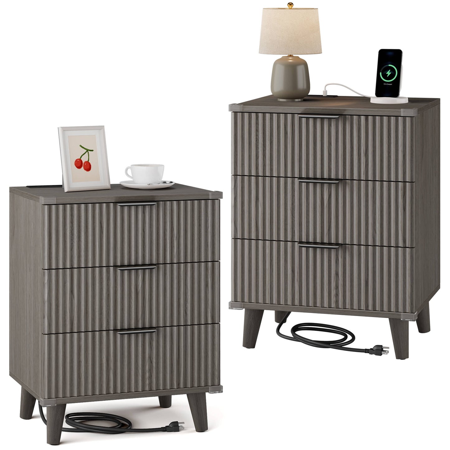 Laintene 3-Drawer Dresser Set of 2, Nightstand with Charging Station - Modern Fluted with Solid Wood Legs, 2 AC Outlets & 2 USB Ports, Small End Table with Storage, Dark Grey Oak