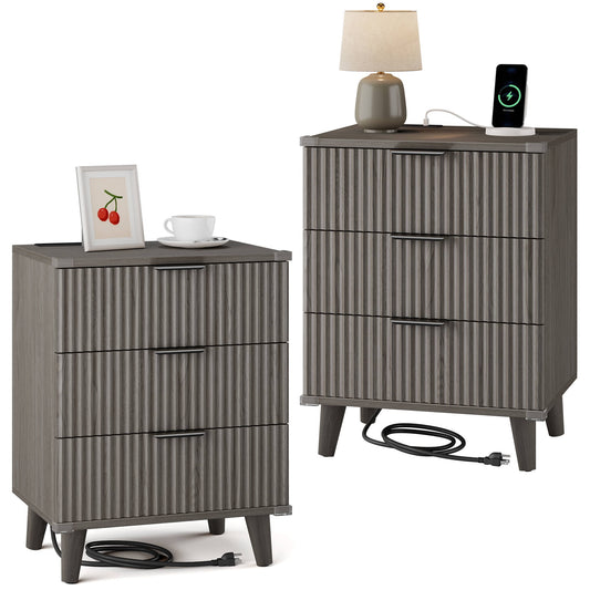 Laintene 3-Drawer Dresser Set of 2, Nightstand with Charging Station - Modern Fluted with Solid Wood Legs, 2 AC Outlets & 2 USB Ports, Small End Table with Storage, Dark Grey Oak