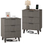 Laintene 3-Drawer Dresser Set of 2, Nightstand with Charging Station - Modern Fluted with Solid Wood Legs, 2 AC Outlets & 2 USB Ports, Small End Table with Storage, Dark Grey Oak