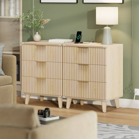 Laintene 3-Drawer Dresser Set of 2, Nightstand with Charging Station - Modern Fluted with Solid Wood Legs, 2 AC Outlets & 2 USB Ports, Small End Table with Storage, Natural
