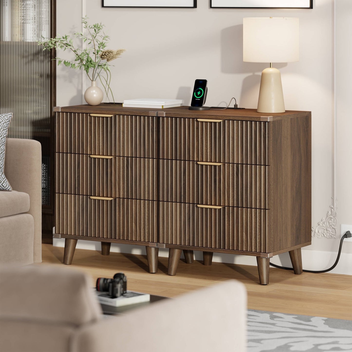 Laintene 3-Drawer Dresser Set of 2, Nightstand with Charging Station - Modern Fluted with Solid Wood Legs, 2 AC Outlets & 2 USB Ports, Small End Table with Storage, Walnut
