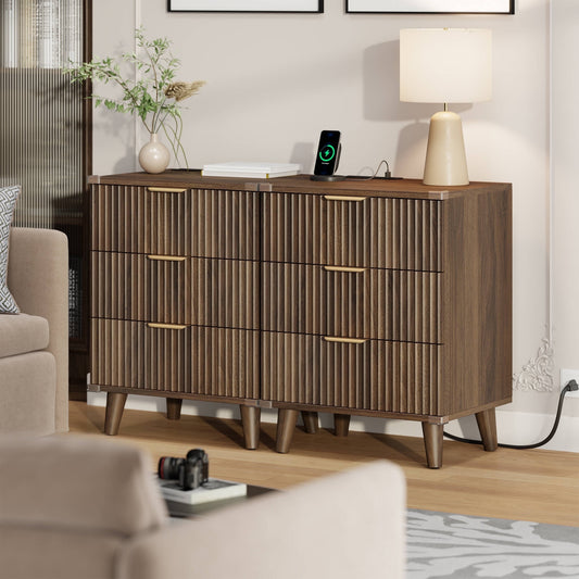 Laintene 3-Drawer Dresser Set of 2, Nightstand with Charging Station - Modern Fluted with Solid Wood Legs, 2 AC Outlets & 2 USB Ports, Small End Table with Storage, Walnut