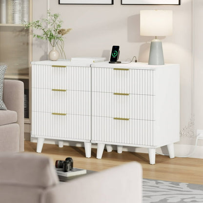 Laintene 3-Drawer Dresser Set of 2, Nightstand with Charging Station - Modern Fluted with Solid Wood Legs, 2 AC Outlets & 2 USB Ports, Small End Table with Storage, White