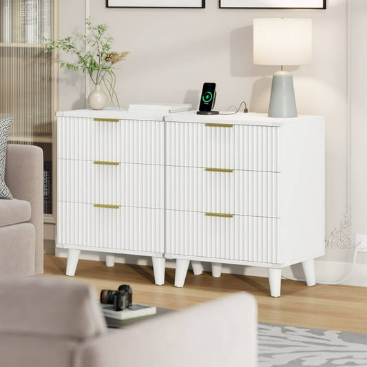 Laintene 3-Drawer Dresser Set of 2, Nightstand with Charging Station - Modern Fluted with Solid Wood Legs, 2 AC Outlets & 2 USB Ports, Small End Table with Storage, White