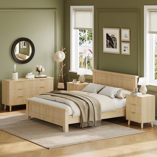 Laintene 3-Piece Boho Bedroom Set - 6-Drawer Dresser & 2 Nightstands with Drawer & USB Charging, Fluted Wooden Storage, Modern Dresser & Nightstand Combo, Natural