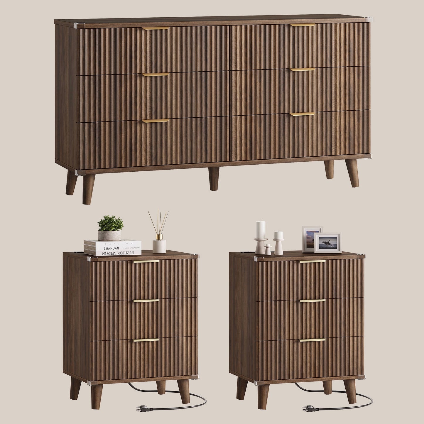 Laintene 3-Piece Boho Bedroom Set - 6-Drawer Dresser & 2 Nightstands with 3 Drawers & USB Charging, Fluted Wooden Storage, Modern Dresser & Nightstand Combo, Walnut