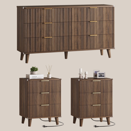 Laintene 3-Piece Boho Bedroom Set - 6-Drawer Dresser & 2 Nightstands with 3 Drawers & USB Charging, Fluted Wooden Storage, Modern Dresser & Nightstand Combo, Walnut