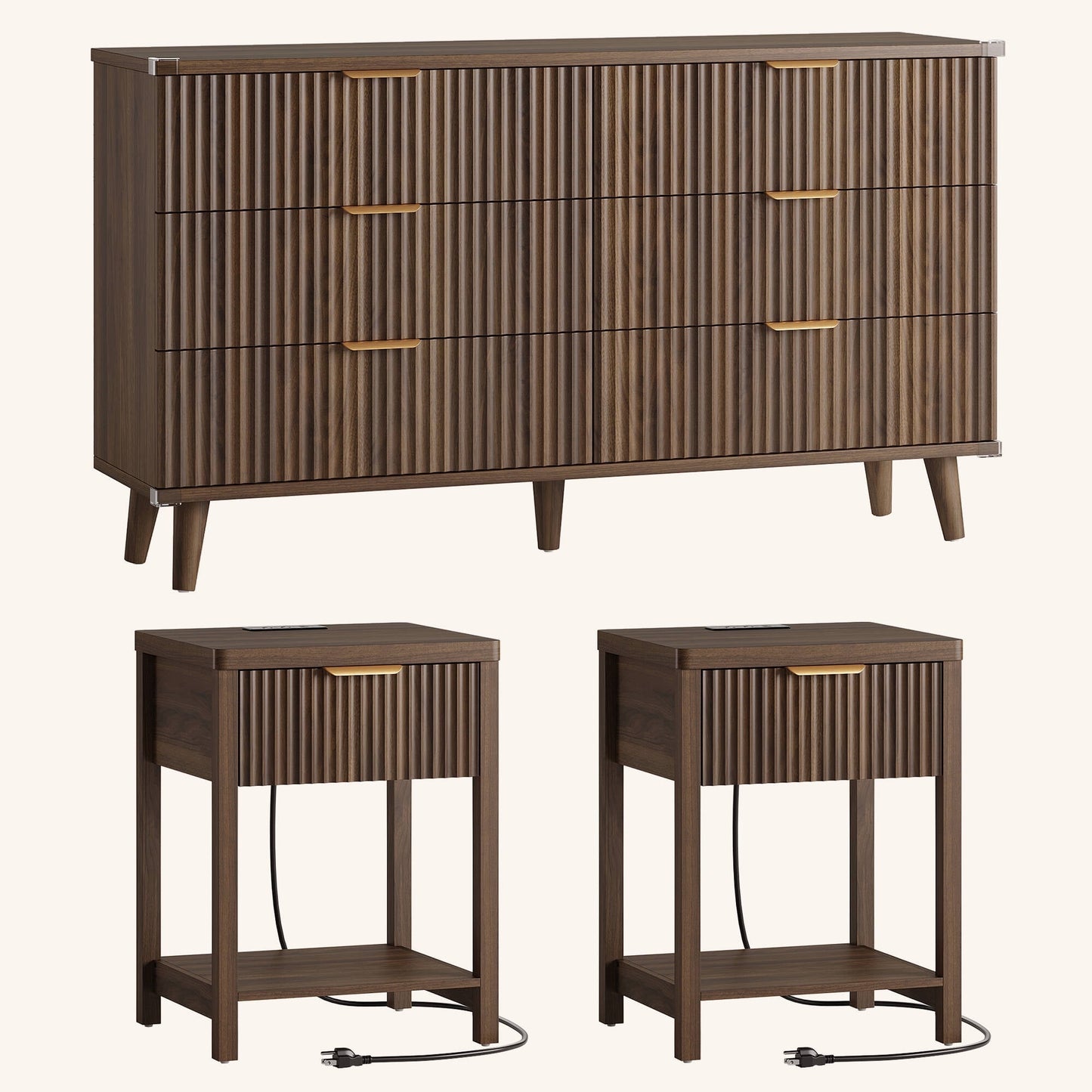 Laintene 3-Piece Boho Bedroom Set - 6-Drawer Dresser & 2 Nightstands with Drawer & USB Charging, Fluted Wooden Storage, Modern Dresser & Nightstand Combo, Walnut