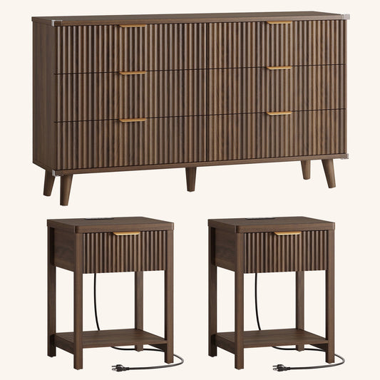Laintene 3-Piece Boho Bedroom Set - 6-Drawer Dresser & 2 Nightstands with Drawer & USB Charging, Fluted Wooden Storage, Modern Dresser & Nightstand Combo, Walnut