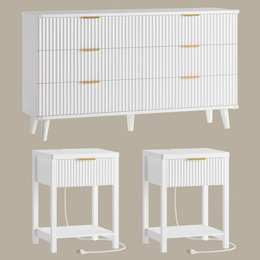 Laintene 3-Piece Boho Bedroom Set - 6-Drawer Dresser & 2 Nightstands with Drawer & USB Charging, Fluted Wooden Storage, Modern Dresser & Nightstand Combo, White
