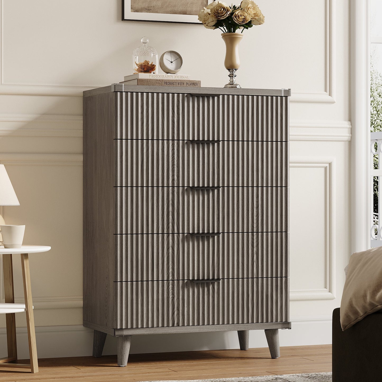 Laintene 5-Drawer Tall Dresser for Bedroom, Slim Boho Bedroom Furniture with Fluted Wave Design, Solid Wood Dresser, Closet & Small Spaces, Dark Grey Oak