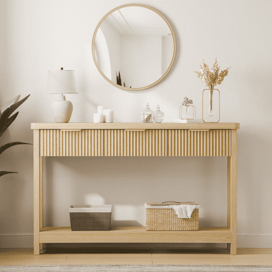 Laintene Fluted Console Table, 51" Narrow Entryway Table with 3 Drawers, Console Table Sofa Table with Storage Open Shelf, Modern Display Shelf for Hallway Living Room, Natural Oak