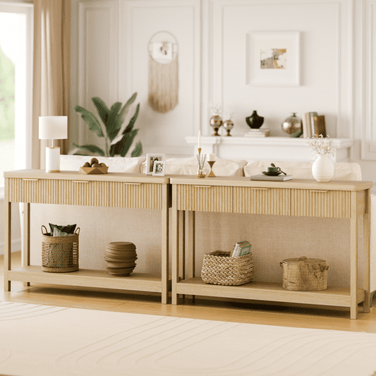 Laintene Console Table for Entryway, 51" Fluted Sofa Table with 3 Drawers and Open Shelf, Modern Narrow Display Shelf for Hallway Living Room, Natural Oak Set of 2