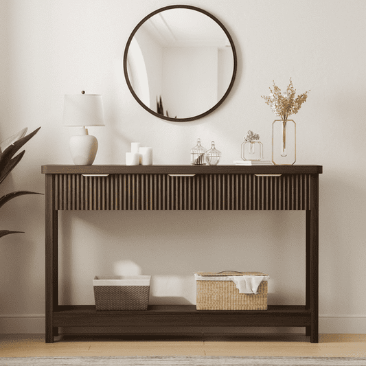 Laintene Fluted Console Table, 51" Narrow Entryway Table with 3 Drawers, Console Table Sofa Table with Storage Open Shelf, Modern Display Shelf for Hallway Living Room, Walnut