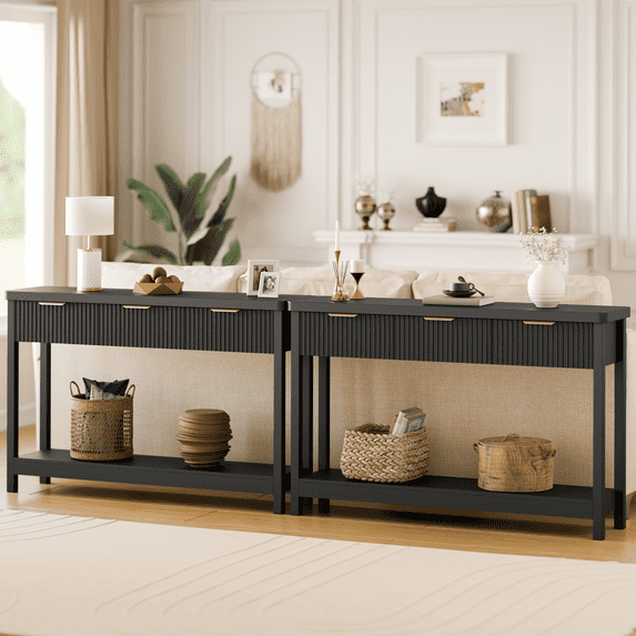 Laintene Console Table for Entryway, 51" Fluted Sofa Table with 3 Drawers and Open Shelf, Modern Narrow Display Shelf for Hallway Living Room, Black Set of 2