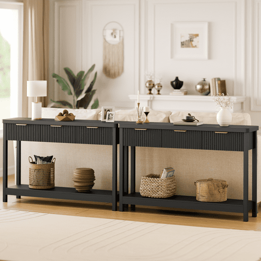 Laintene Console Table for Entryway, 51" Fluted Sofa Table with 3 Drawers and Open Shelf, Modern Narrow Display Shelf for Hallway Living Room, Black Set of 2
