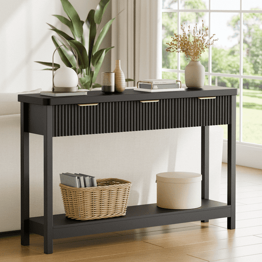 Laintene Fluted Console Table, 51" Narrow Entryway Table with 3 Drawers, Console Table Sofa Table with Storage Open Shelf, Modern Display Shelf for Hallway Living Room, Black
