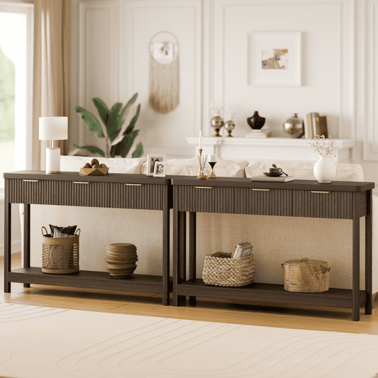 Laintene Console Table for Entryway, 51" Fluted Sofa Table with 3 Drawers and Open Shelf, Modern Narrow Display Shelf for Hallway Living Room, Walnut Set of 2