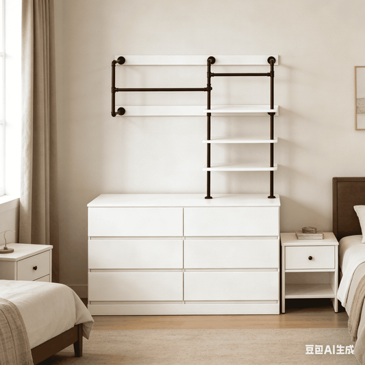 Laintene 6 Drawer Dresser with Industrial Pipe Clothing Rack, Wall Mounted Closet System with Hanging Rods & Open Shelves, Heavy Duty Storage for Bedroom, White
